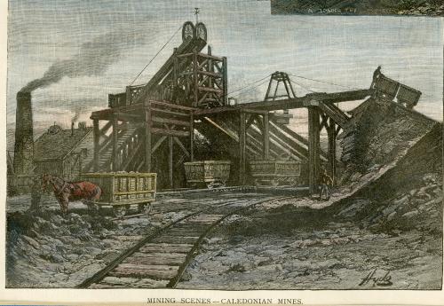 : an engraving of the pithead of the Caledonia coal mine, Glace Bay, no date, but likely late 1800s. It shows the timber work supporting the wheel that lowered rakes of miners into the coal mine. Empty coal cars are present, including one with a horse and minder. A building in the background has a smokestack beside it and smoke coming out of the stack.