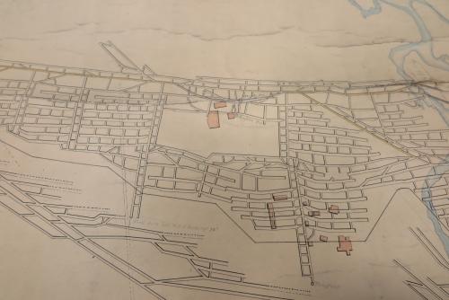 A map of underground mine workings by James W. Fraser. There is no date. The map shows the layout of the old Foord seam workings, mapping the roadways and tunnels. Surface buildings are overlain as pink shapes.