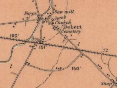 A map showing the locations of buildings, churches, a forge and saw mill in 1905 in the area of Debert. There are also roads and a railway track.