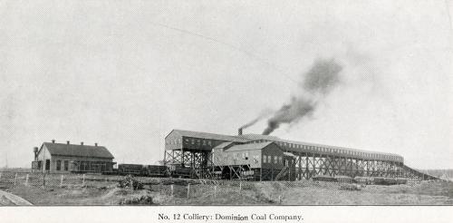 A black and white photograph of the surface buildings of the Number 12 colliery in New Waterford, circa 1916.