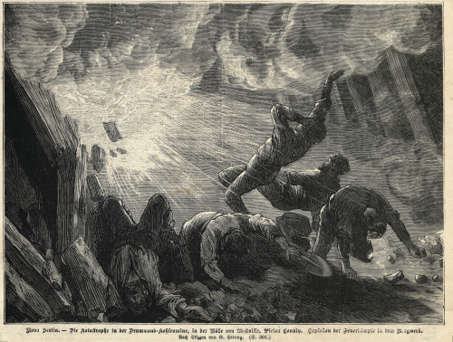 Engraving showing bodies falling backwards and mine timbers snapping from a blast.