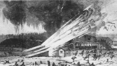 a black and white engraving or an artist’s depiction of the impact of the Drummond Mine explosion of 1873 on the mine surface. It shows flashes of light coming out of the roofed in areas of the three mine openings, debris flying and people running away. There are stumps in the foreground and billows of black smoke in the background. This engraving appeared in Canadian Illustrated News, May 31, 1893. 