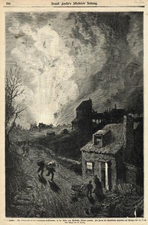  An engraving of an artist’s impression of a pit scene during the Drummond Mine Explosion of 1873. The scene shows an explosion in the background, people running down a road with sacks and packages on their backs and a cottage in the foreground. A woman and child stand next to the open cottage door. It is nighttime. 