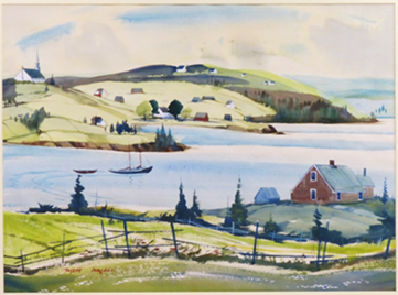 a watercolour painting from 1960 by the Nova Scotia artist Joseph Purcell. It is one of 36 scenes of Cape Breton sea and landscapes depicted in the Silver Dart collection. This one is a scene of a harbour with hills dotted with houses and a church in the background, and a house, fence, field and trees in the foreground.