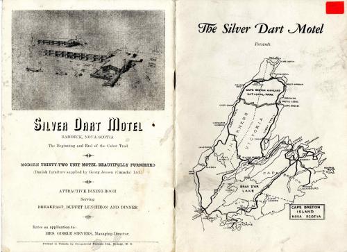 An image of front and back covers of a brochure called The Silver Dart Presents and featuring a map of Cape Breton Island on the front, complete with various tourist routes. On the back is a sketch of the Silver Dart Motel and includes information about its features. This is pamphlet 1572 from the Beaton Institute, Cape Breton University.