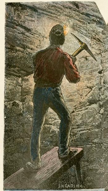 A coloured line drawing of the back of a coal miner standing on a wooden bench with a pick raised to the coal face. This is part of an illustration from the late 1800s by Shearing of Glace Bay's Caledonia colliery.