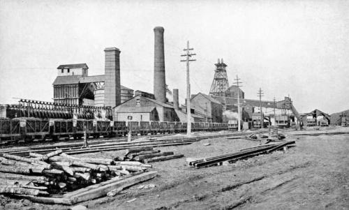 A photograph showing the surface buildings, chimneys, pitframe, and cars of coal on a railway track at the Princess colliery, Sydney Mines, 1916.