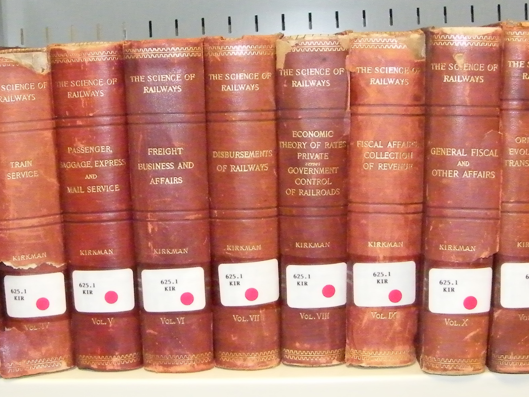 Set of brown leather-bound books, the Science of Railways. 