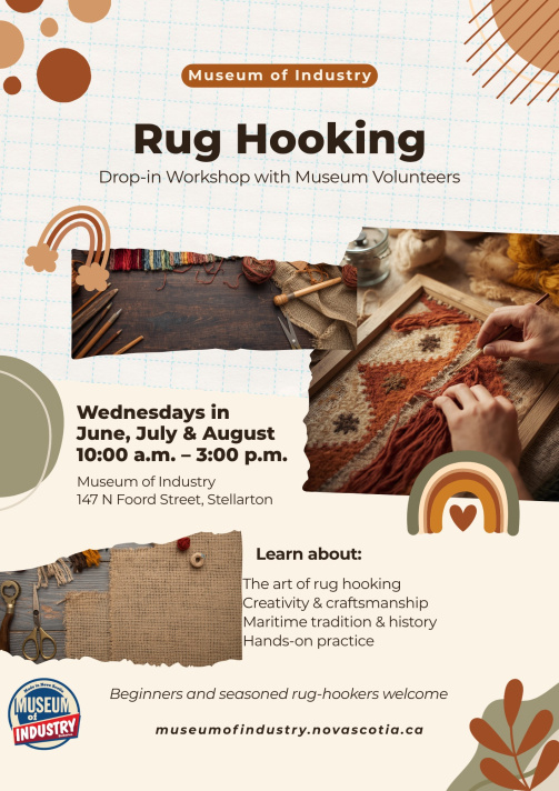 Promotional poster for "Rug Hooking" drop-in workshops at the Museum of Industry.