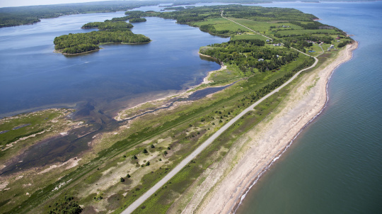 An aerial view of the shoreline of Merigomish Big Island, Pictou County.
