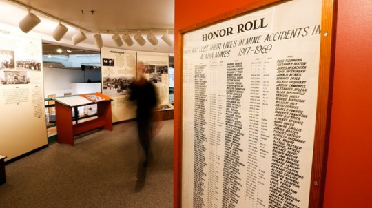 Coal and Grit exhibit. Miner's Honour Roll posted on the wall.
